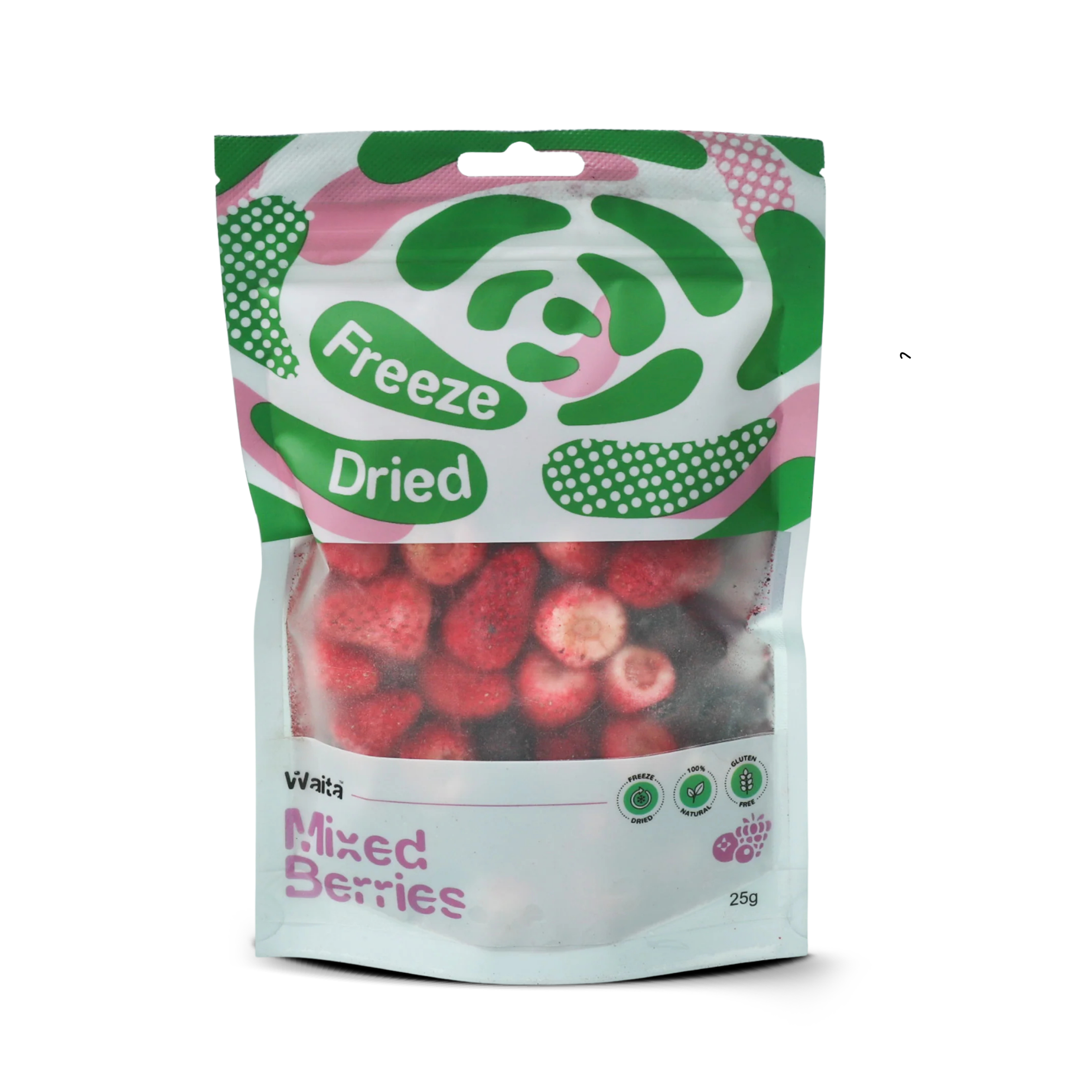 A Patterned green & white pouch of Freeze Dried mixed Berries for pets