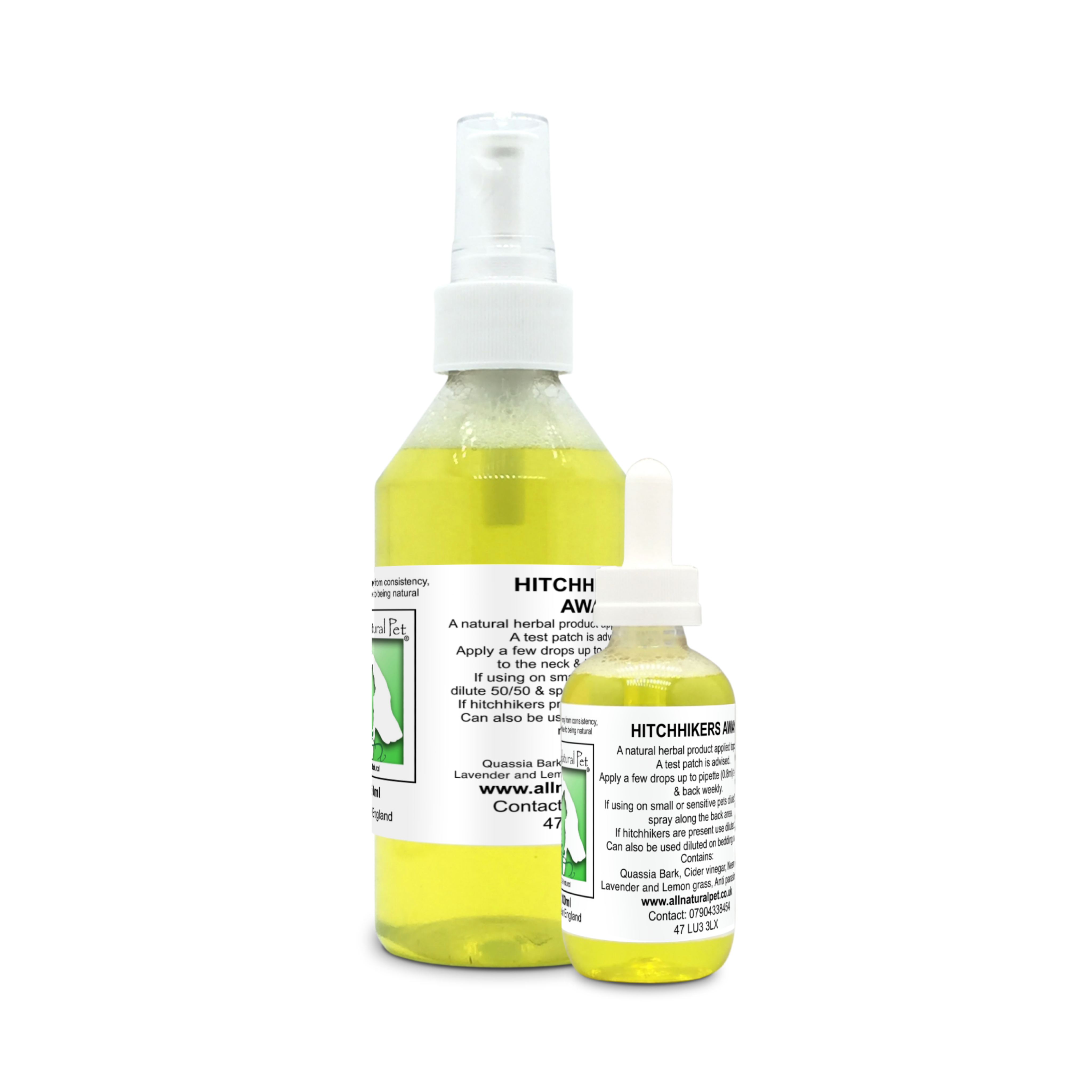 Two different size bottles of a natural flea repellent, one with a spray lid, the other with a pipette lid