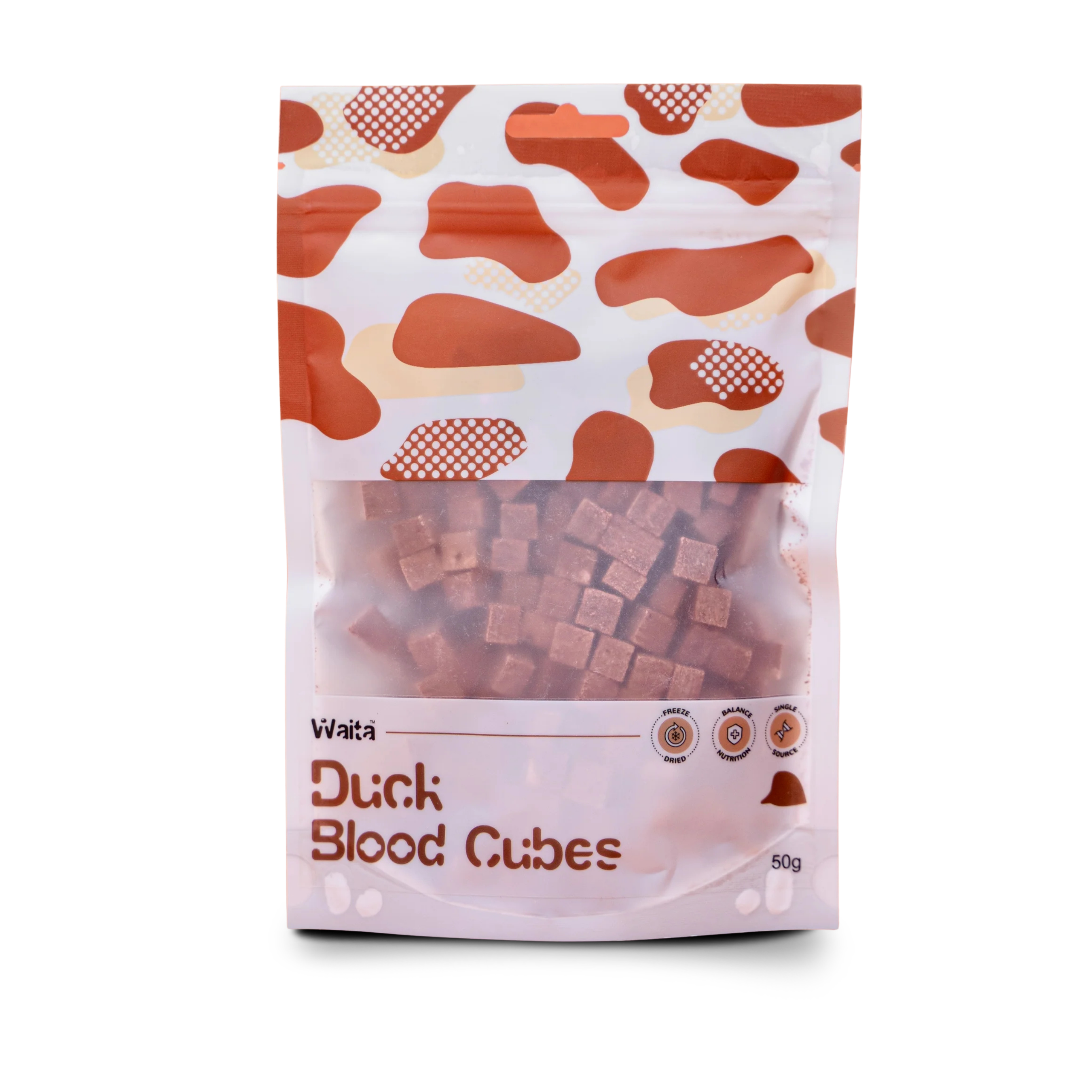 50g resealable pouch of Freeze-Dried Duck blood pet treats