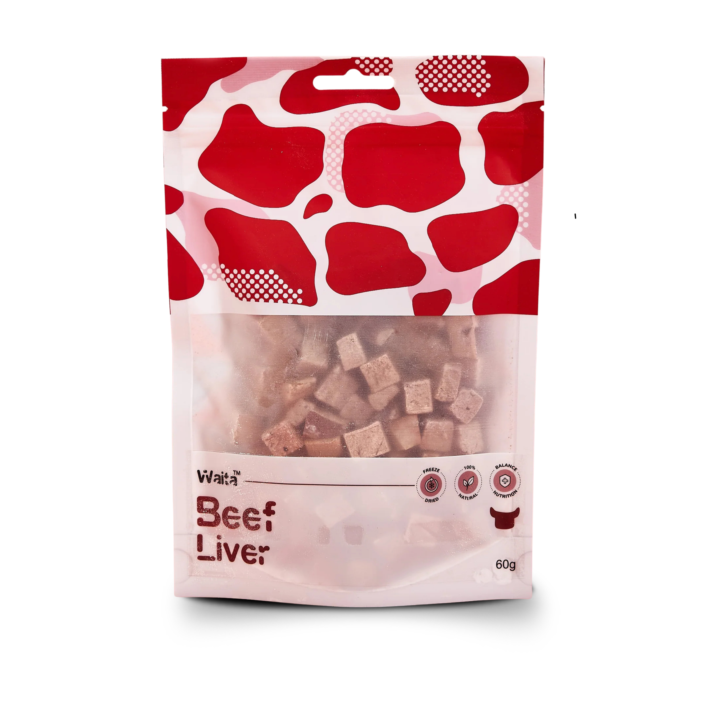 60g bag of 100% natural Freeze-dried Beef Liver cubes for pets, lightweight nutritious treats