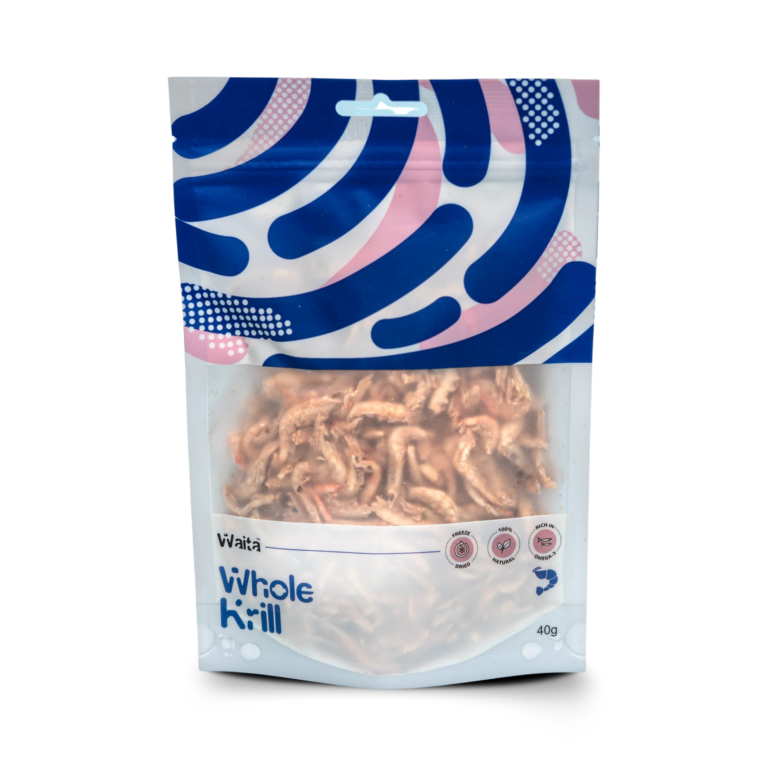 A blue pattern pouch of 40g high protein Freeze dried multiple Krill pet treats
