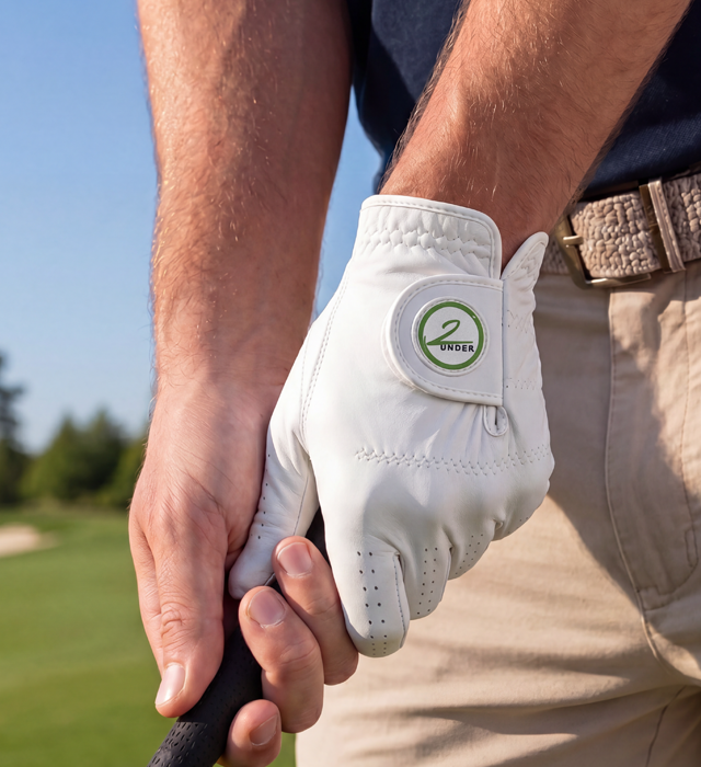 Golfer wearing a white 2Under Golf glove while holding a club on a sunny golf course