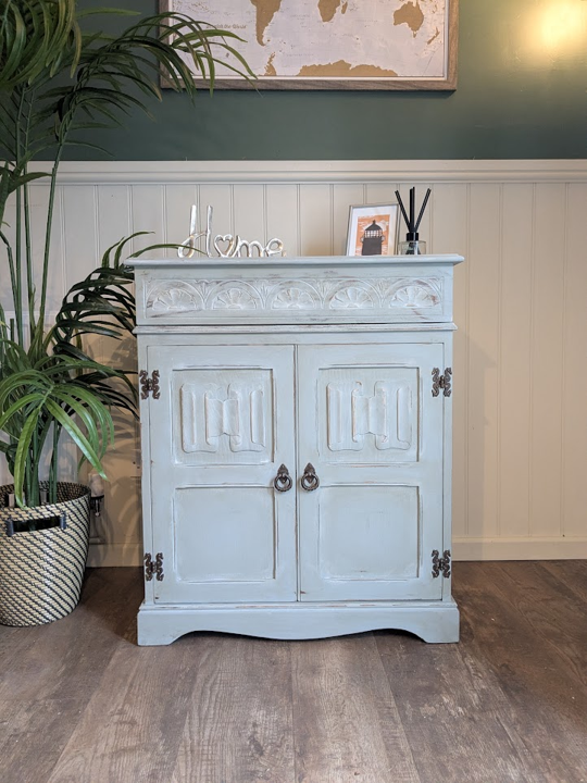 blue grey vintage storage cabinet