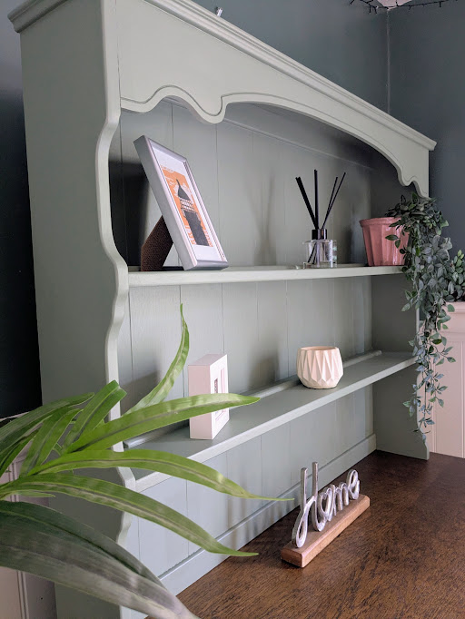 green painted dresser with wood top