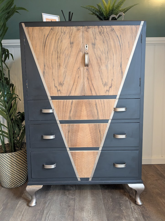 black gold and wood cupboard