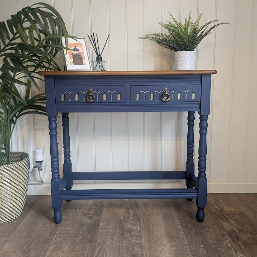 upcycled blue hallway table