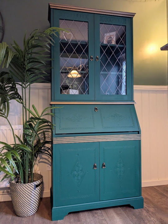 green writing bureau bookcase