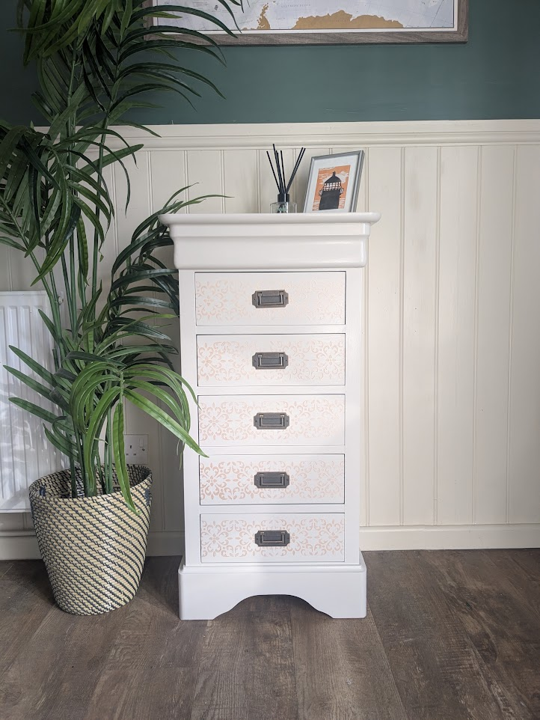 light grey narrow chest of drawers