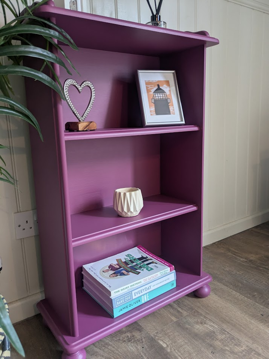 upcycled pine bookcase in purple