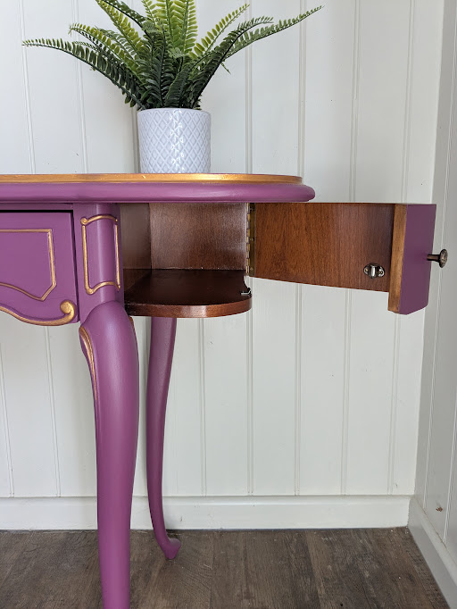 Purple painted console table with storage