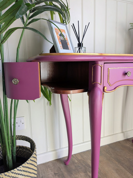 Purple painted hallway table with storage