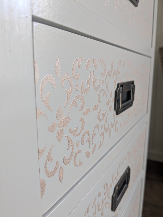 grey drawers with stencil detail