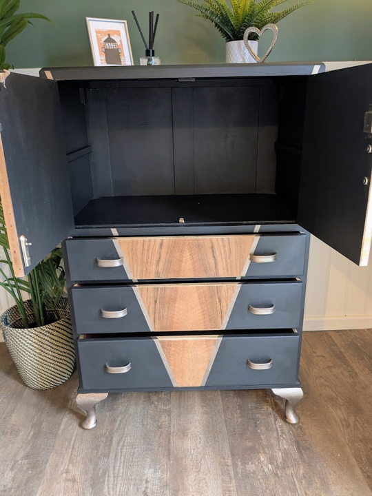painted mid century cupboard in black and gold