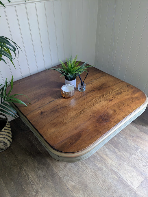 green and wood coffee table