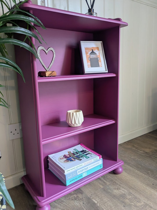 upcycled small bookcase in purple