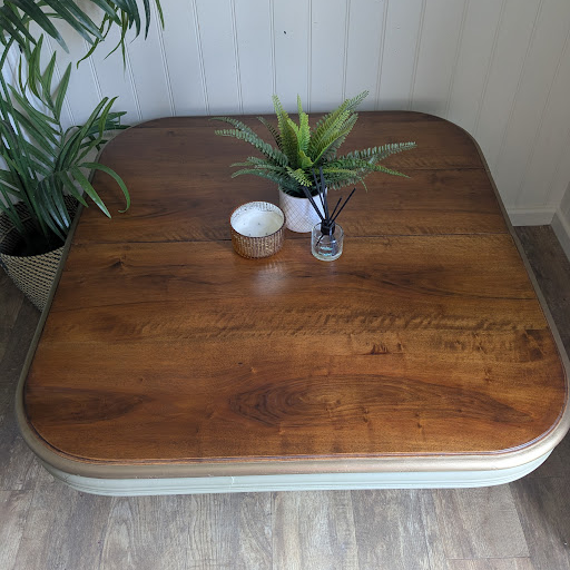 wood top coffee table with green legs