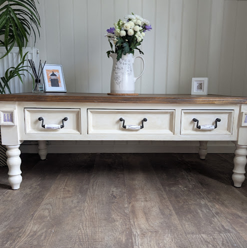Upcycled white pine coffee table front view