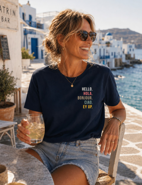 Woman wearing navy Ey Up T-shirt
