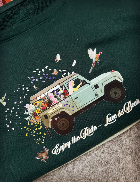 Close up of Forest green Enjoy the Ride Sweatshirt