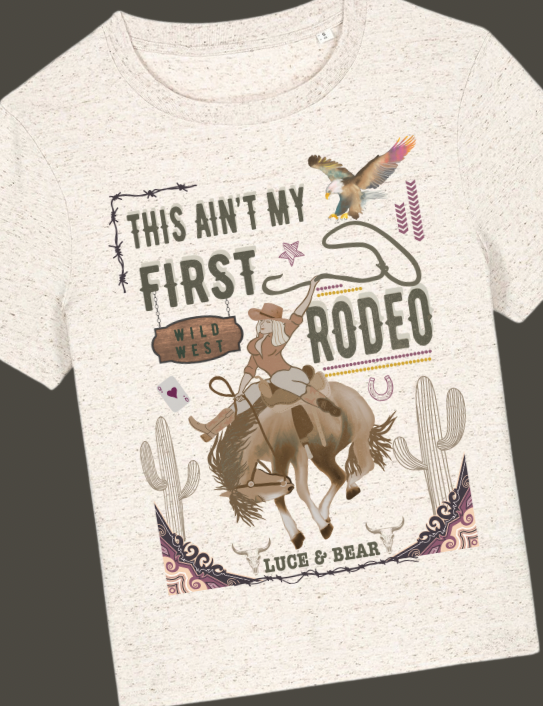 Close up of This Ain’t my First Rodeo T-shirt in eco heather