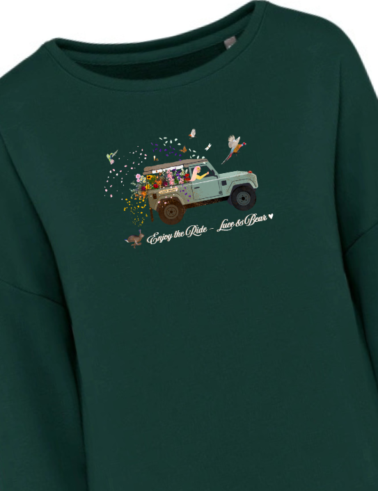 Close up of Forest green Enjoy the Ride Sweatshirt