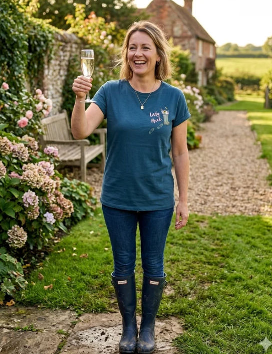 Woman wearing denim blue Lady Muck Tee
