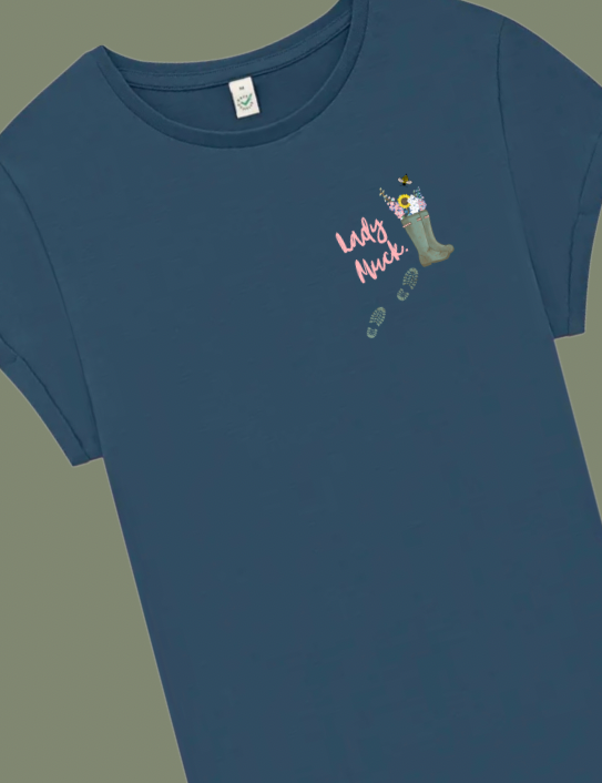 Close up of denim blue Lady Muck Tee