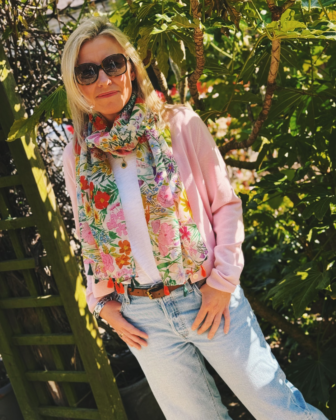 Woman wearing Bloomin Lovely Flower Scarf