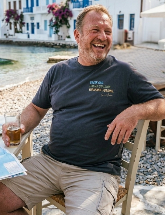 Man wearing charcoal Yorkshire Pudding T-shirt on holiday
