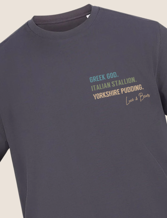Close up of charcoal Yorkshire Pudding T-shirt