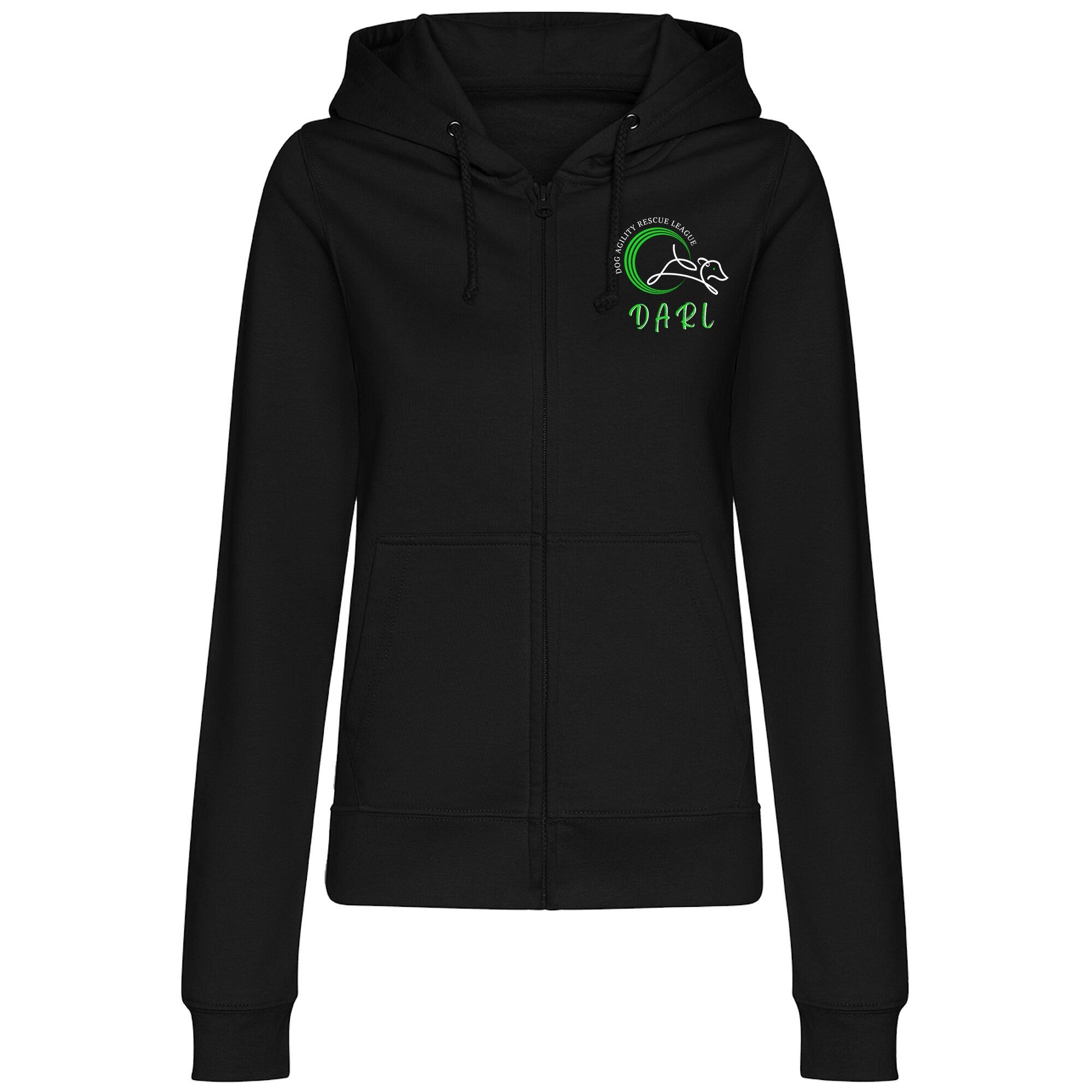 DARL Official Black Female Zipped Hoodie, featuring the DARL logo, offering comfort and support for the Dog Agility Rescue League, ideal for casual wear.