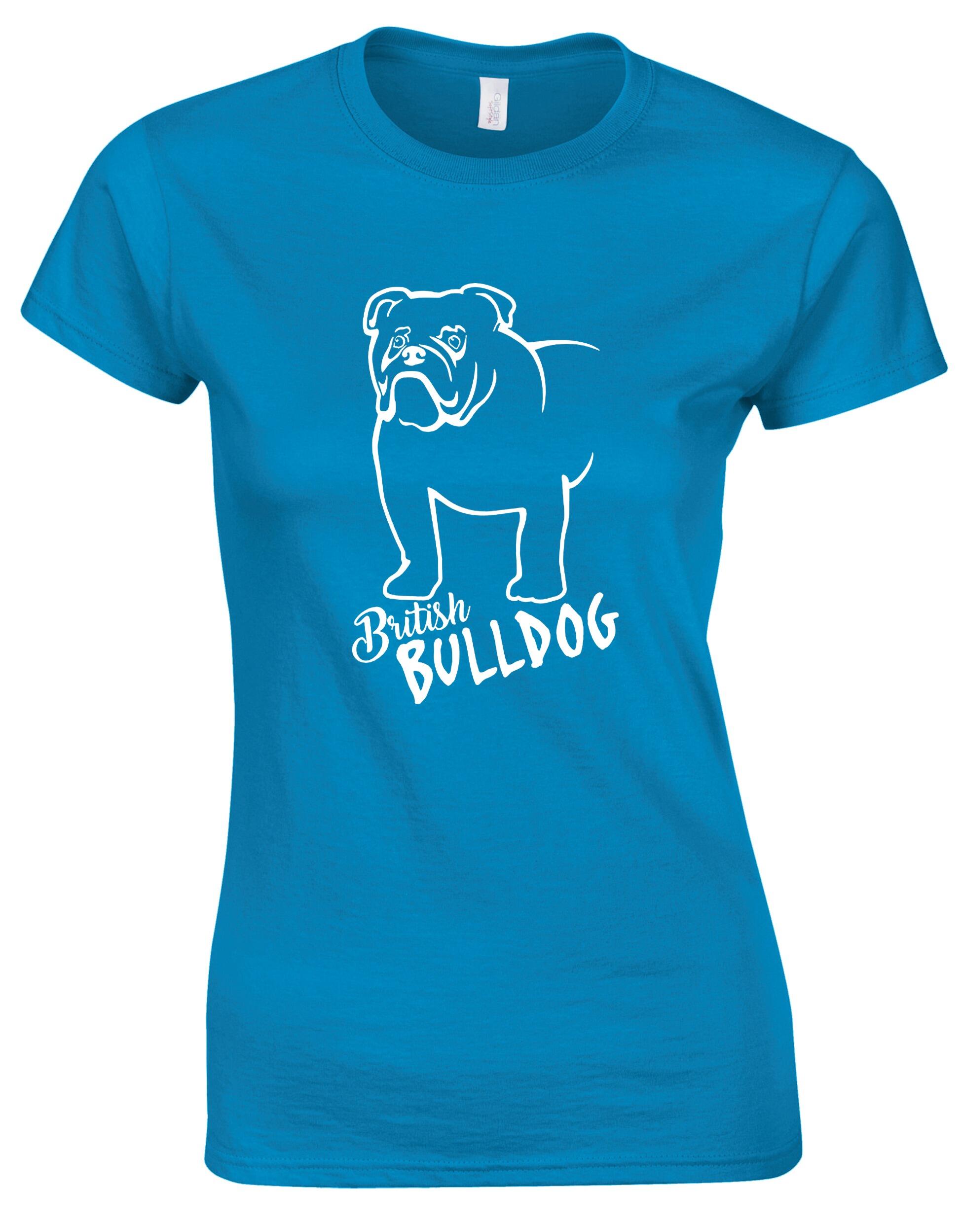 Female British Bulldog Roundneck T-Shirt Sapphire Blue (White)