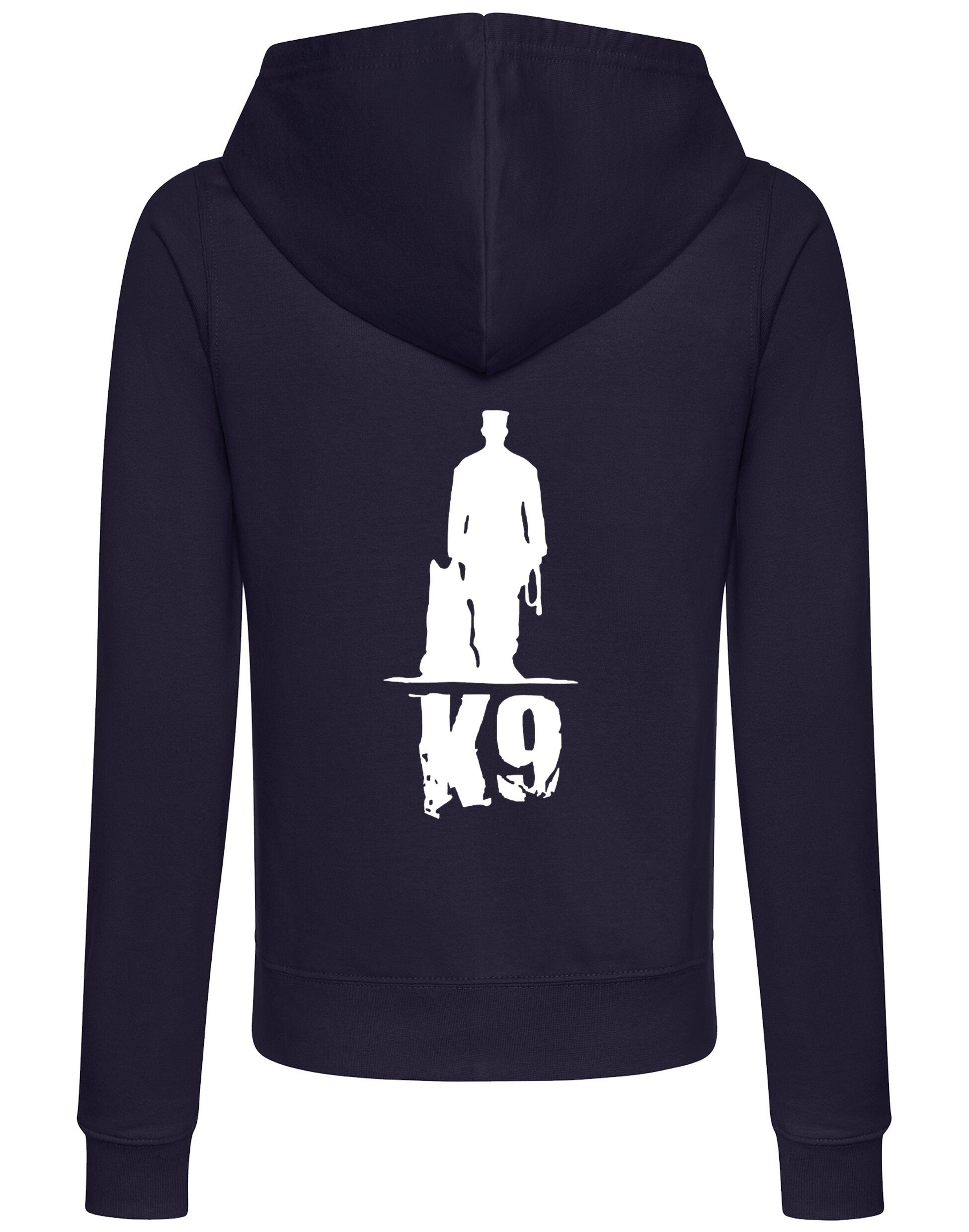 K9 women’s zipped hoodie featuring exclusive artwork, a full-zip closure, and practical pockets, designed for style and comfort in any activity.