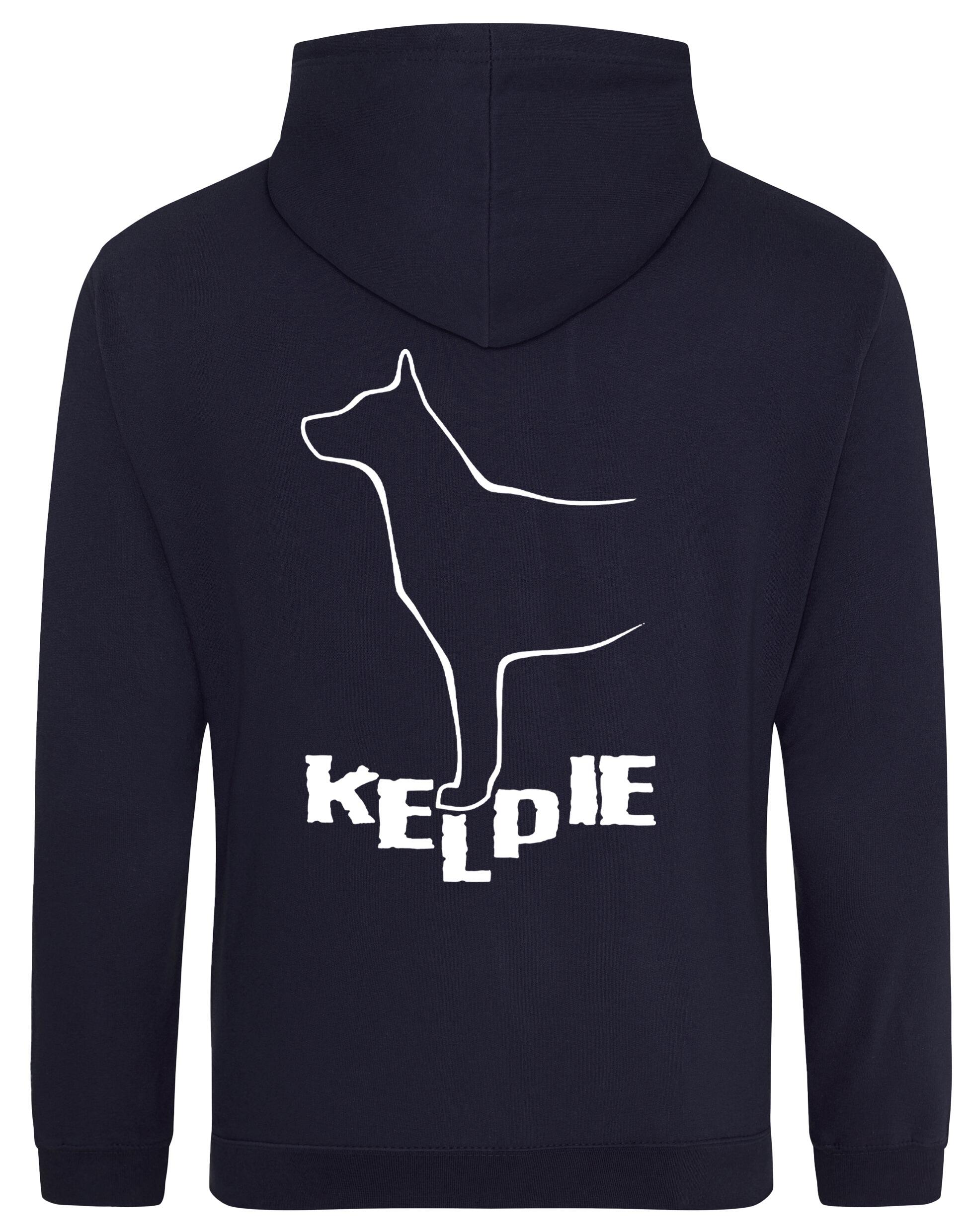 Kelpi Design Pullover Hoodie featuring exclusive breed-inspired artwork, cozy fleece interior, and personalization options for dog lovers.