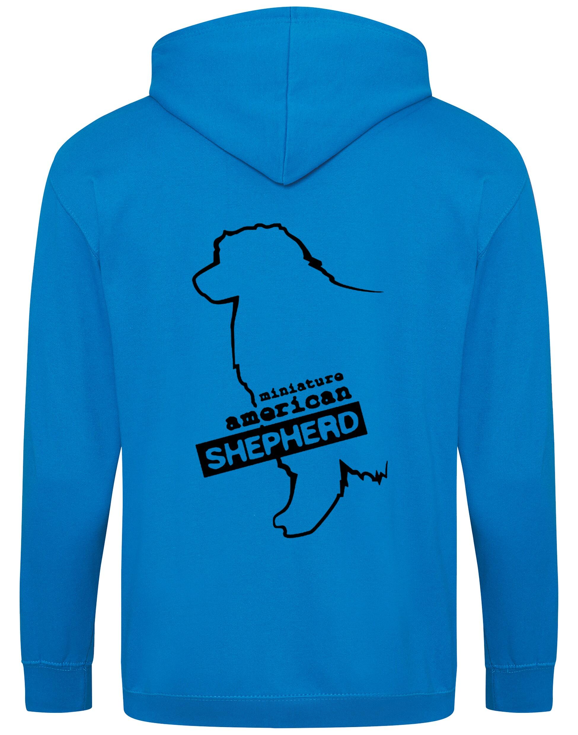 Miniature American Shepherd Zipped Hoodie featuring exclusive breed artwork, cozy fleece lining, and spacious front pockets.