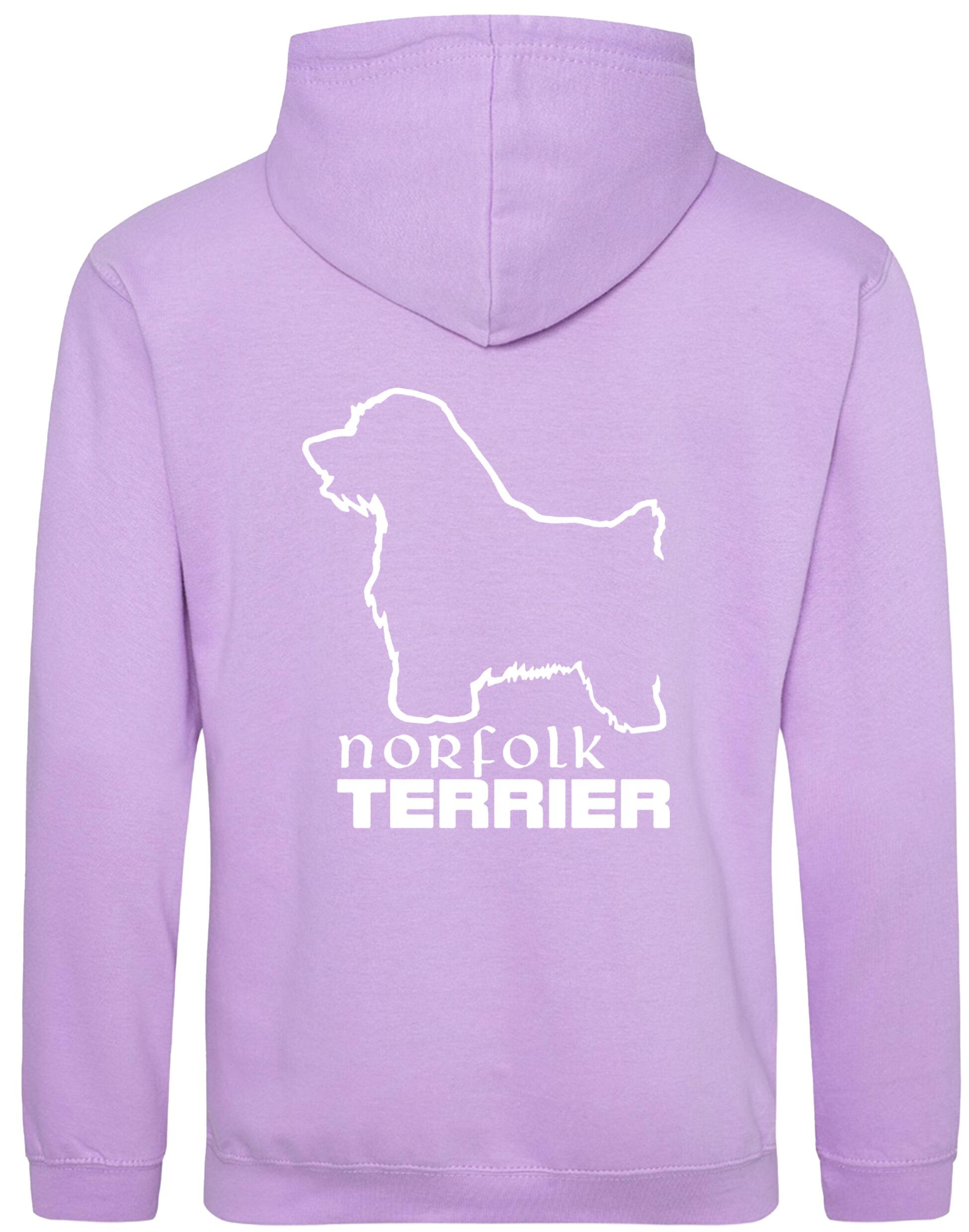 Norfolk Terrier Pullover Hoodie featuring exclusive breed artwork on the back, heavy-blend fabric with brushed fleece interior, and kangaroo pocket for warmth and comfort. A stylish and practical choice for Norfolk Terrier lovers.
