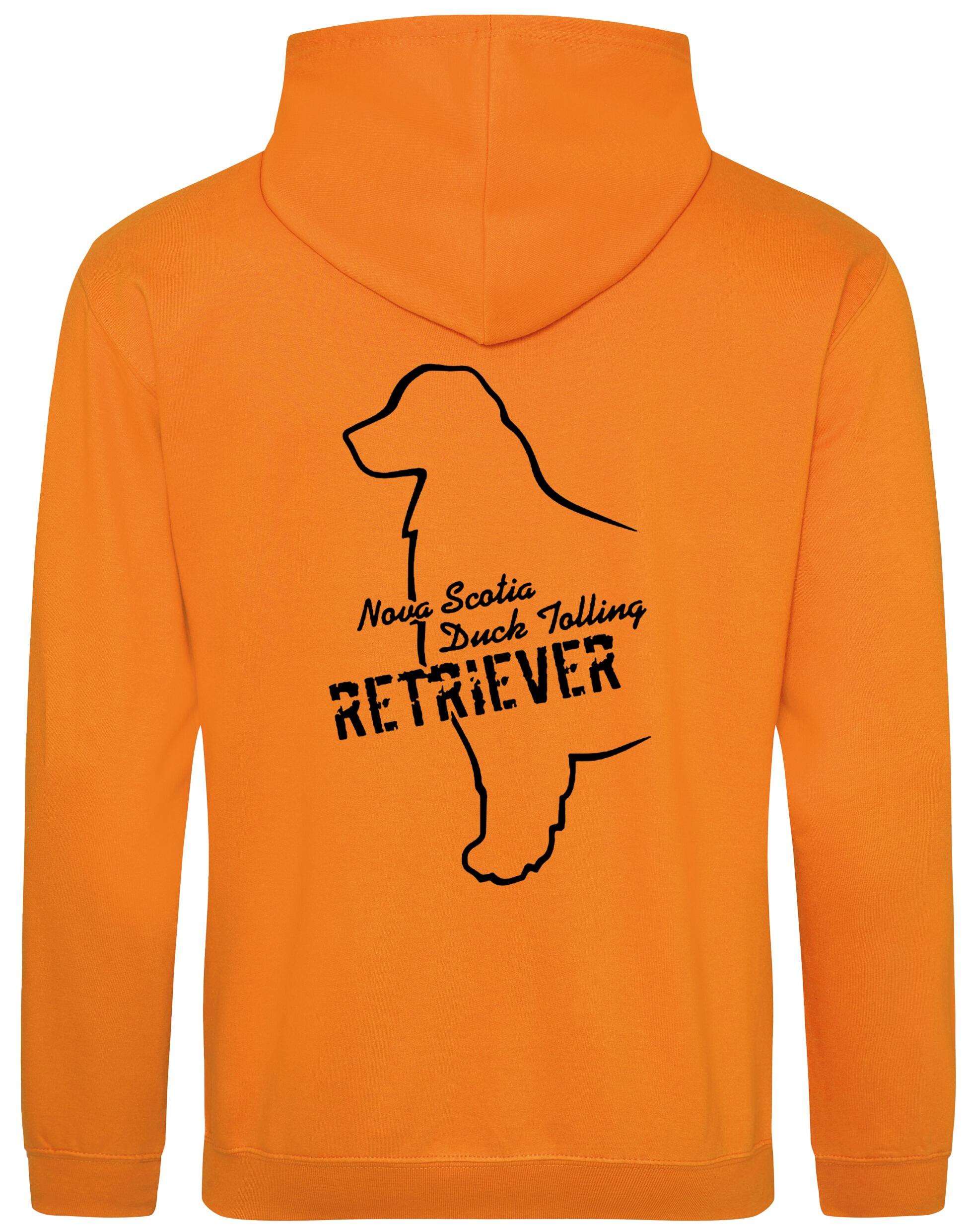 Soft fleece-lined Nova Scotia Duck Tolling Retriever pullover hoodie featuring a detailed breed design on the back. Includes a kangaroo pouch pocket, ribbed cuffs, and a double-fabric hood. Perfect for breed enthusiasts, casual wear, and outdoor adventures.