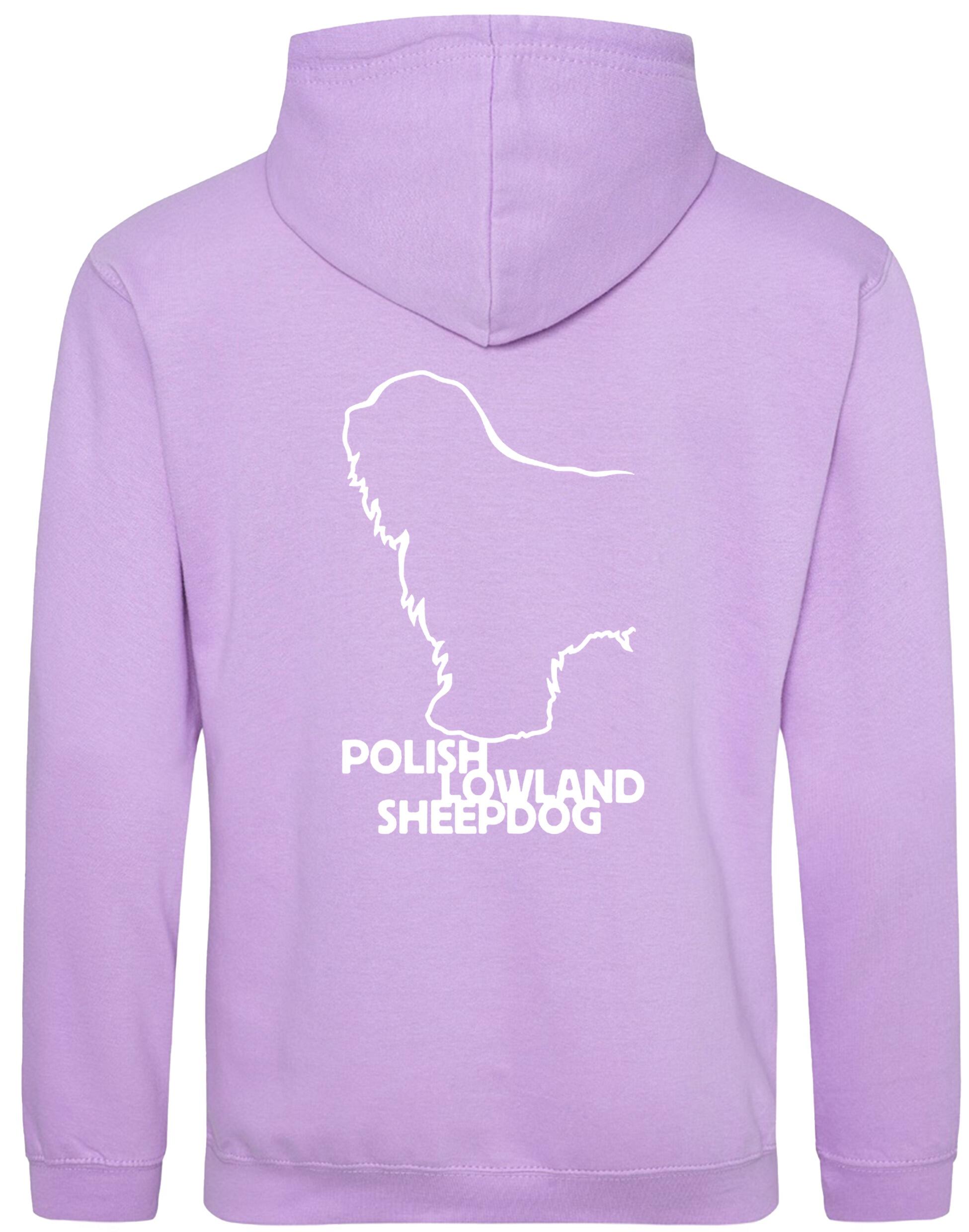 Polish Lowland Sheepdog Pullover Hoodie featuring exclusive breed artwork, heavy-blend fleece lining, kangaroo pocket, and a double-fabric hood for warmth and style.