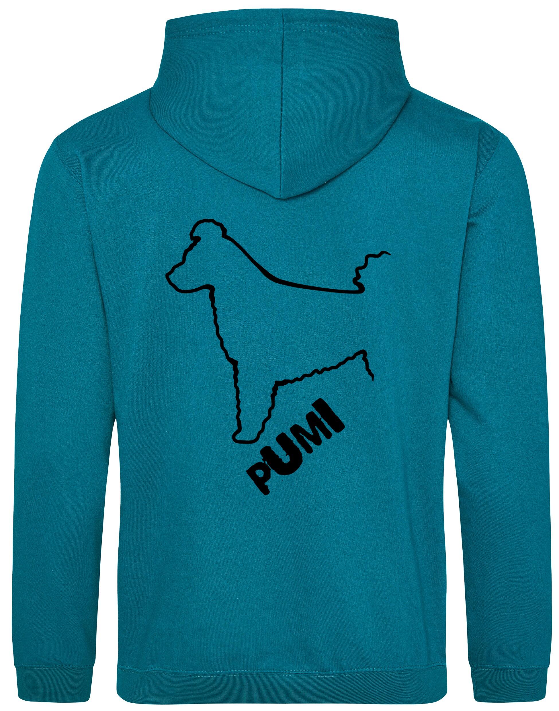 Unisex Hungarian Pumi Design Pullover Hoodie featuring exclusive breed artwork with personalization options, crafted from premium heavy-blend fabric with a cozy brushed fleece interior, ribbed cuffs, and a double-fabric hood for stylish, lasting comfort.
