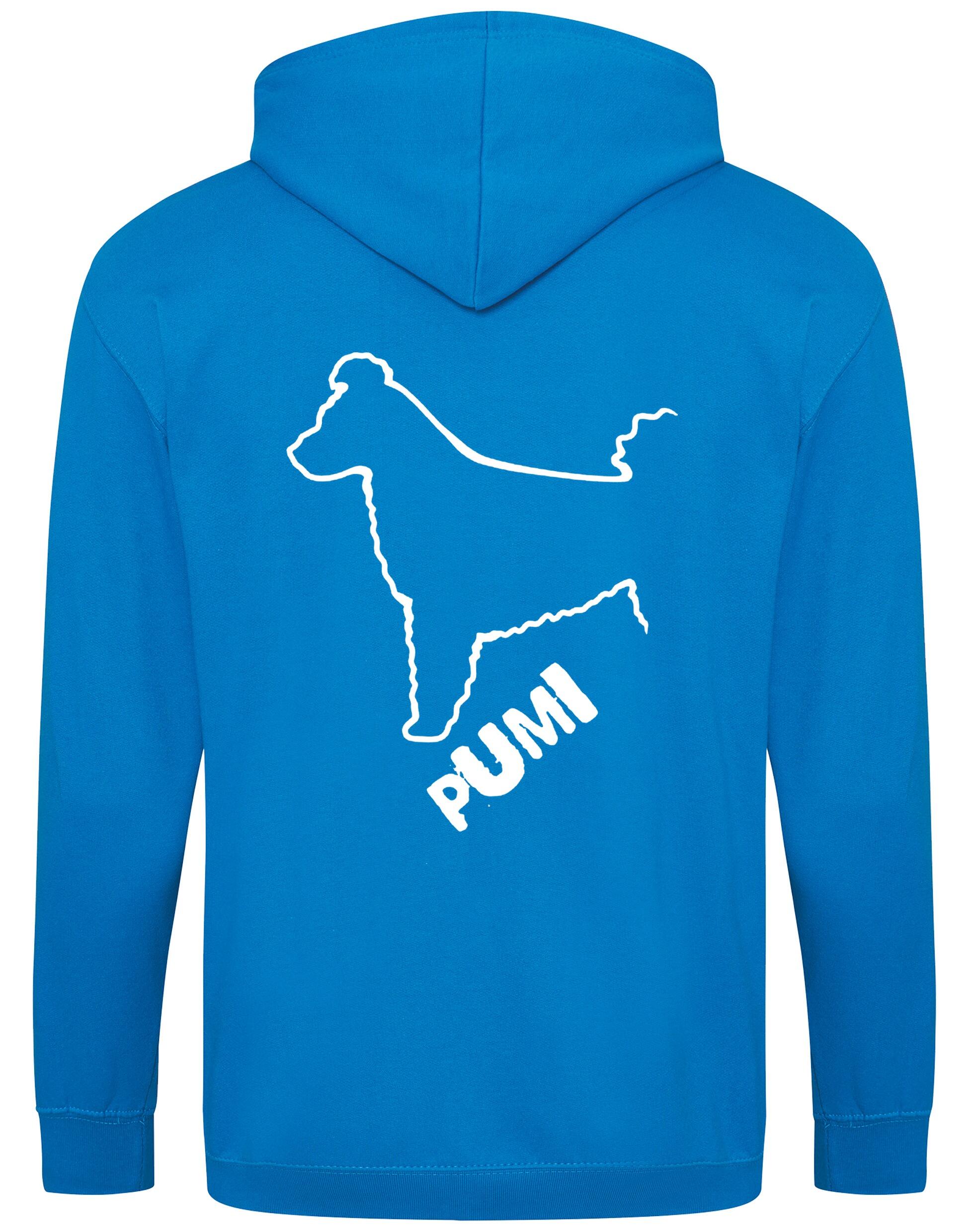 Unisex Hungarian Pumi Zipped Hoodie featuring exclusive breed artwork with personalization options, crafted from premium heavy-blend fabric with a cozy brushed fleece interior, full-zip closure, and a spacious kangaroo pocket for stylish, comfortable outdoor wear.