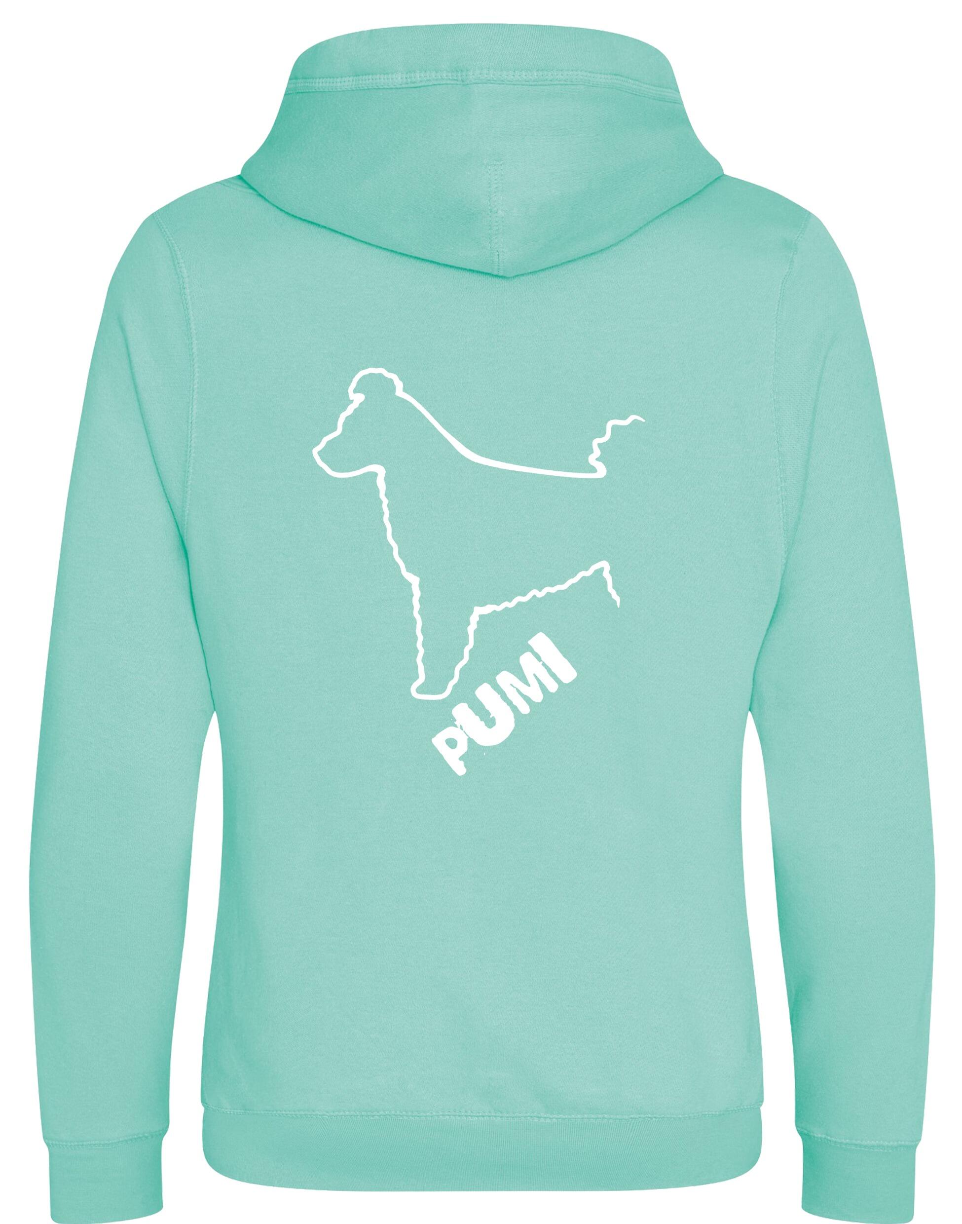 Unisex Hungarian Pumi Crossneck Pullover Hoodie featuring exclusive breed artwork, crafted from premium heavy-blend fabric with a cozy brushed fleece interior, a spacious kangaroo pocket, and a modern crossneck design for stylish, comfortable outdoor wear.