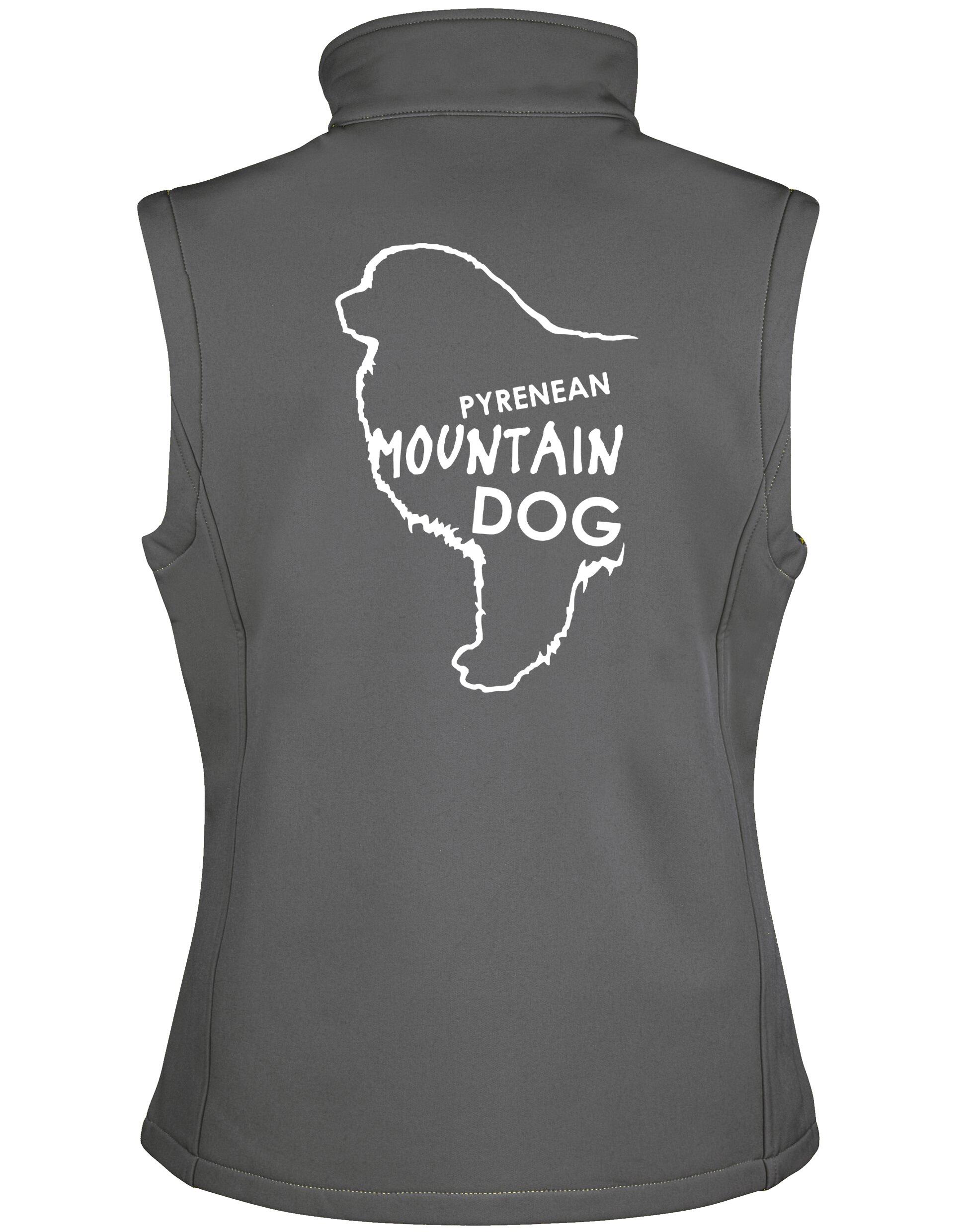 Women's Pyrenean Mountain Dog Softshell Gilet featuring exclusive breed artwork with personalization options, crafted from premium water-resistant fabric with a cozy fleece lining, a full-zip front, and side pockets for stylish, versatile outdoor wear.