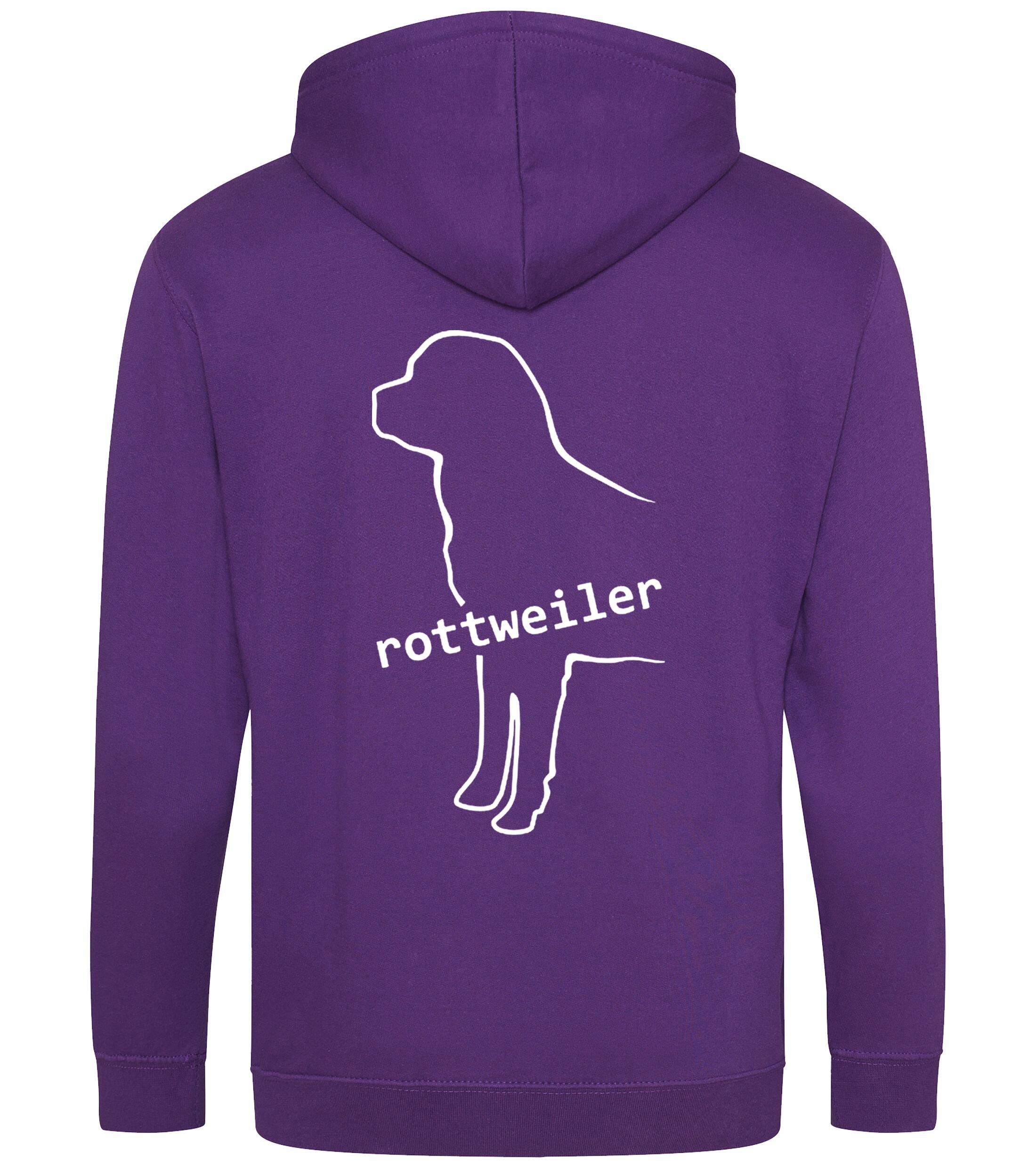 Rottweiler Zipped Hoodie featuring exclusive breed artwork, soft fleece interior, heavy-blend fabric, full-zip closure, double-fabric hood, spacious front pockets, and personalization options for breed enthusiasts.