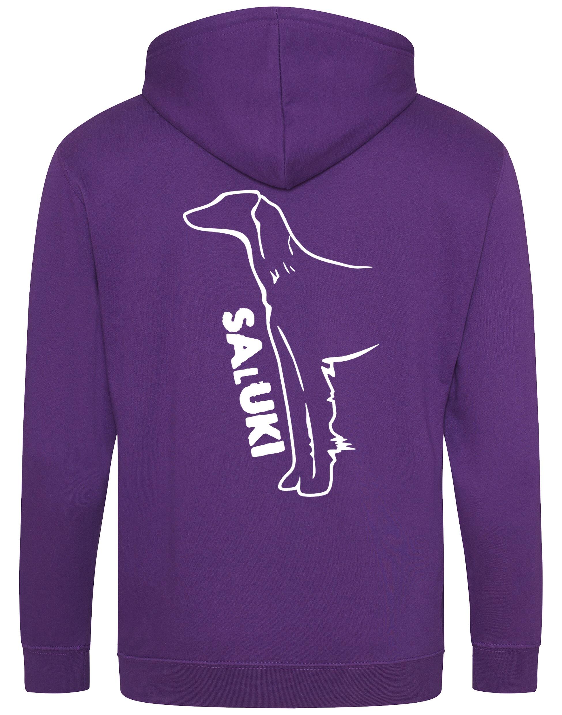 Saluki Zipped Hoodie featuring exclusive breed artwork, soft fleece interior, heavy-blend fabric, full-zip closure, double-fabric hood, spacious front pockets, and personalization options for breed enthusiasts.