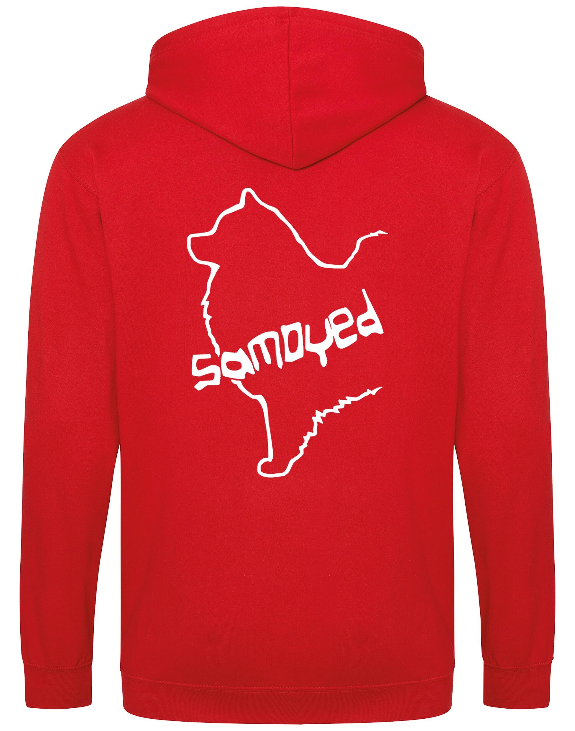 Samoyed Zipped Hoodie featuring exclusive breed artwork, soft fleece interior, heavy-blend fabric, full-zip front, double-fabric hood, spacious front pockets, and personalization options for breed enthusiasts.