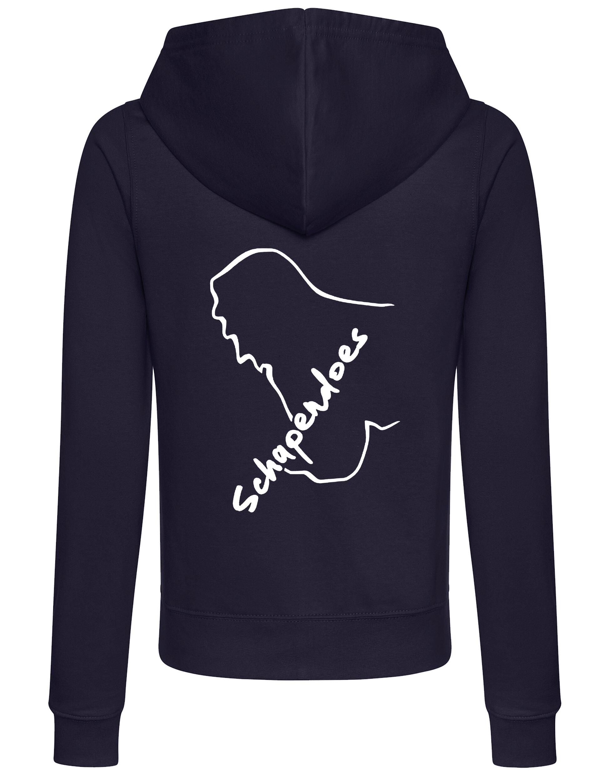 Schapendoes Women’s Zipped Hoodie featuring exclusive breed artwork, breathable fabric, full-zip closure, feminine fit, front pockets, and hood for stylish comfort and breed pride.