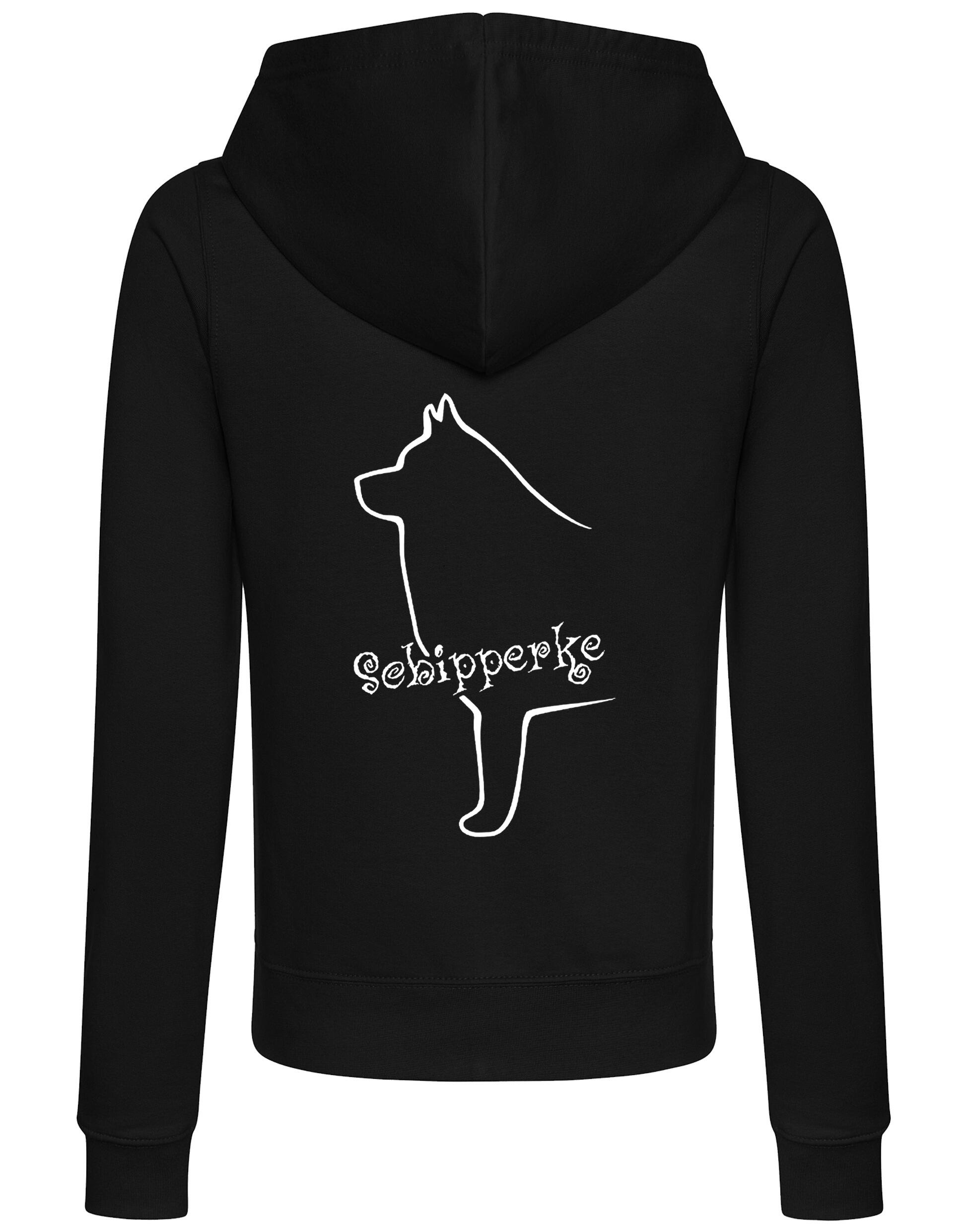 Women's zipped hoodie featuring exclusive Schipperke design, showcasing a detailed breed graphic on the back, with a cozy hood and practical front pockets.
