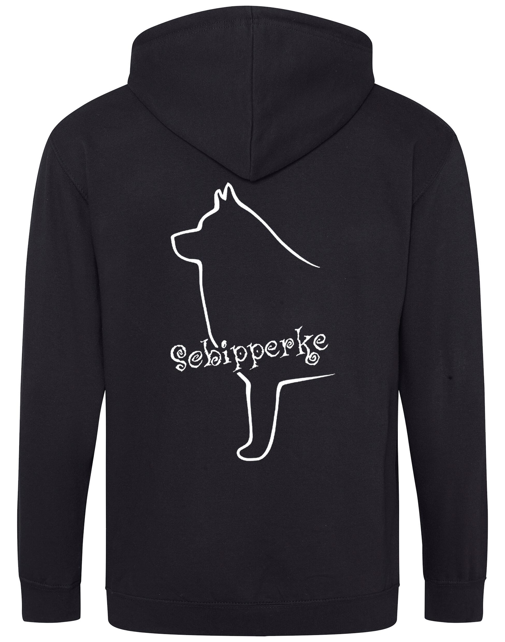 Zipped hoodie featuring exclusive Schipperke design, showcasing detailed breed artwork on the back, with a cozy double-fabric hood and spacious front pockets.