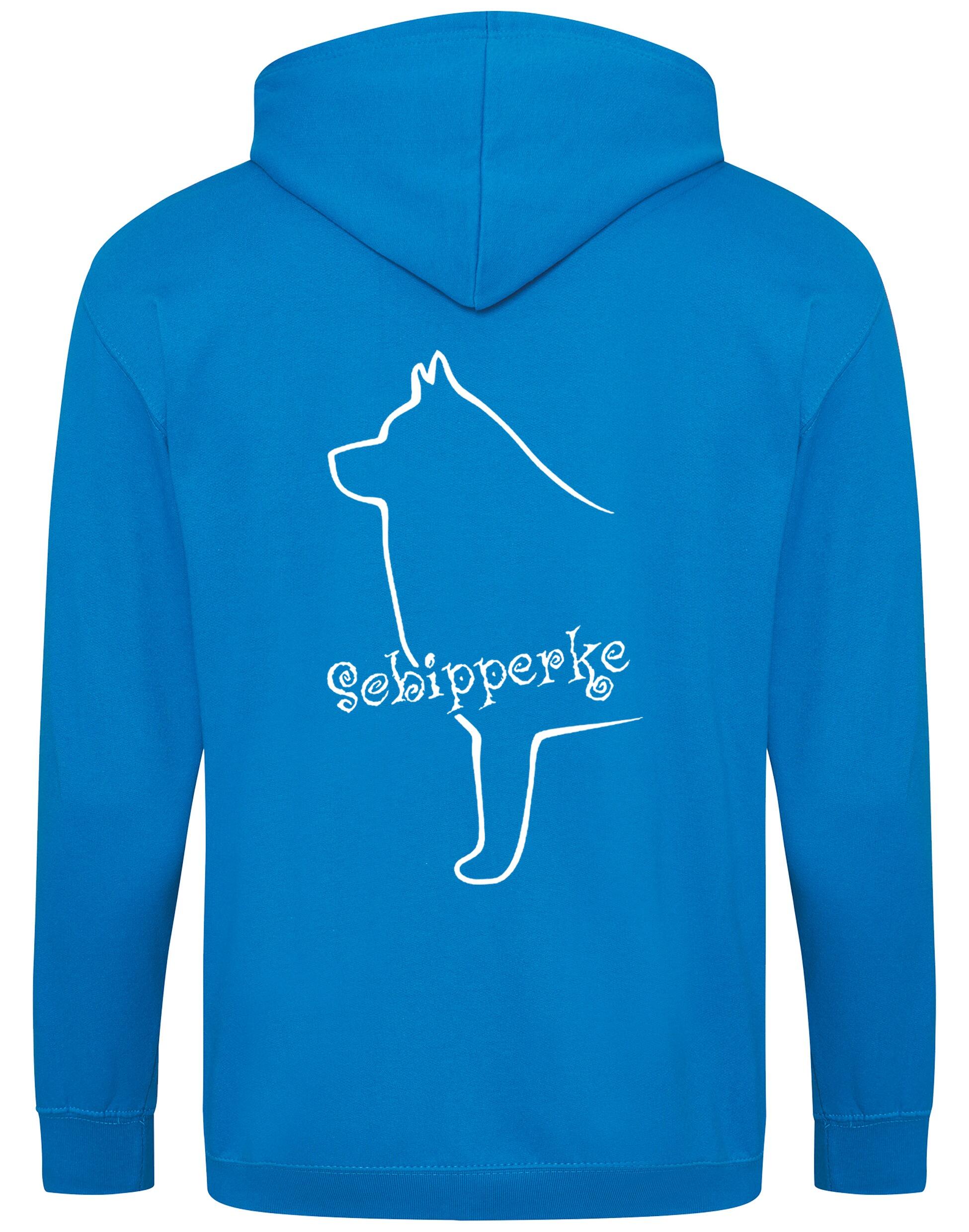 Zipped hoodie featuring exclusive Schipperke design, showcasing detailed breed artwork on the back, with a cozy double-fabric hood and spacious front pockets.