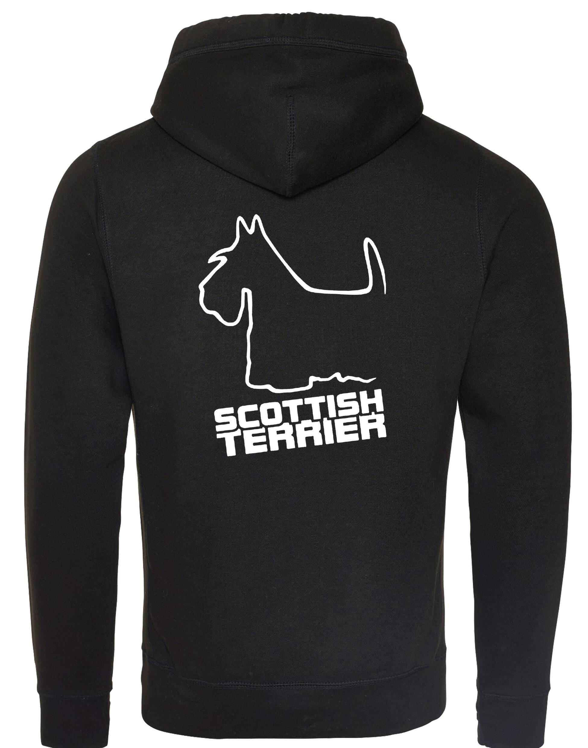 Scottish Terrier Crossneck Pullover Hoodie with exclusive breed artwork, modern crossneck design, brushed fleece lining, and kangaroo pocket.